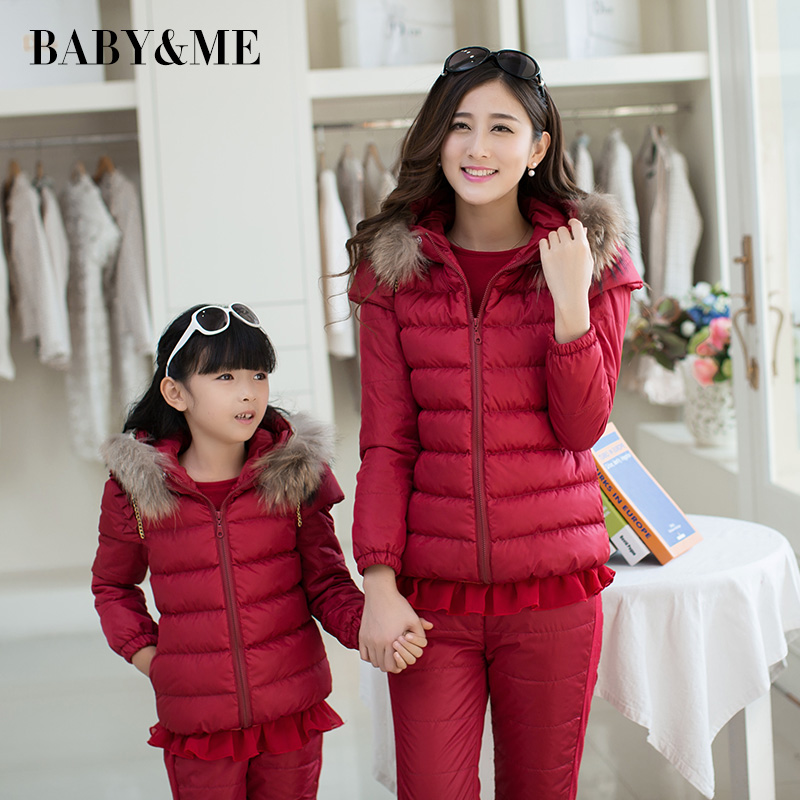 BABYME亲子装2015新款韩版羽绒棉衣棉裤卫衣套装母女装短款3件套