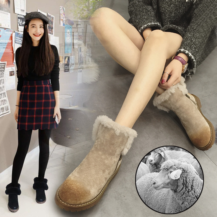 2015冬季新款皮毛一体雪地靴女平跟英伦马丁短靴潮毛毛靴加厚棉鞋