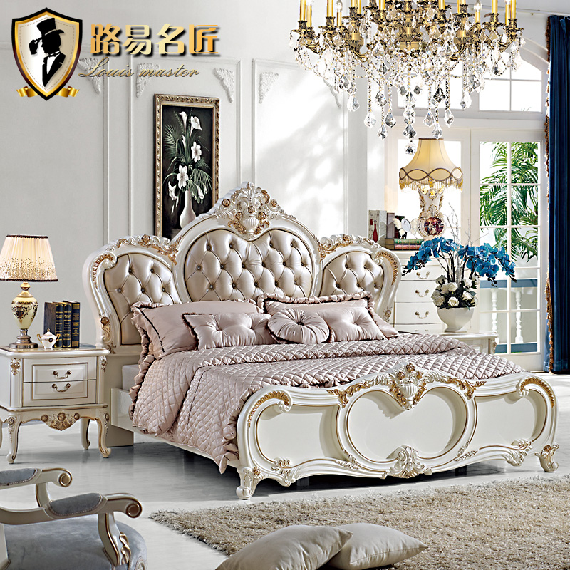路易名匠欧式双人床1.8米实木真皮床美式床描金婚床公主床高箱床