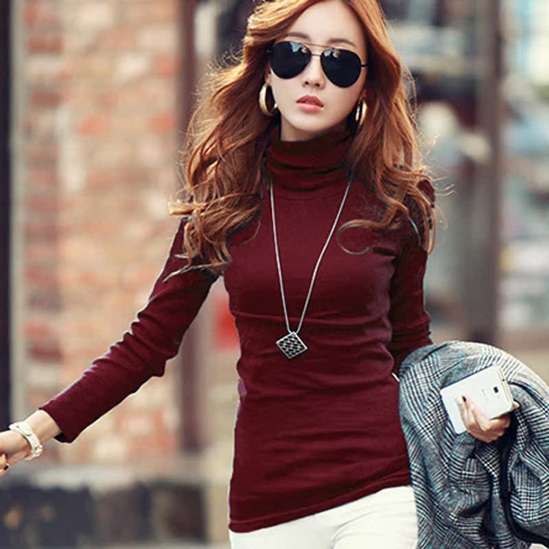 韩版秋冬新款大码加厚加绒中长款高领打底衫女装长袖t恤纯棉上衣