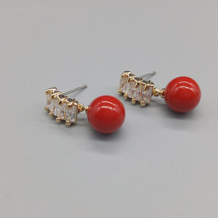 成品系 韩版清新优雅 方型水钻镶嵌 红色珍珠 喜气 耳钉 GB50044