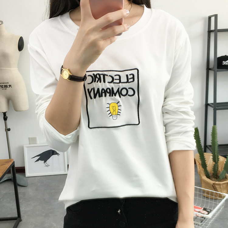 2016夏季韩版白色女装体恤修身女士长袖t恤女新款刺绣字母上衣潮