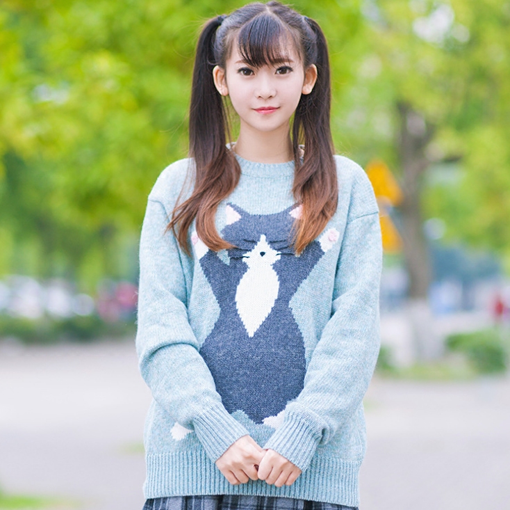 【SanKouSan少女】日系复古童趣软妹猫咪古着毛衣打底羊毛针织衫