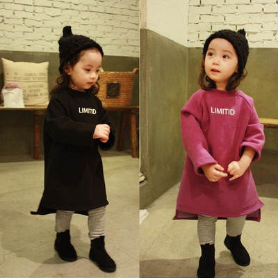 2016春秋装新款韩国女童纯棉T恤外套宝宝套头加厚加绒中长款卫衣