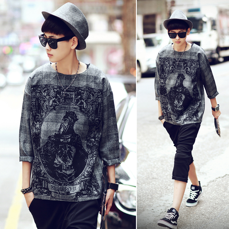 日系男装新款韩版青少年潮牌7七分袖男士T恤蝙蝠袖5五分袖短袖夏