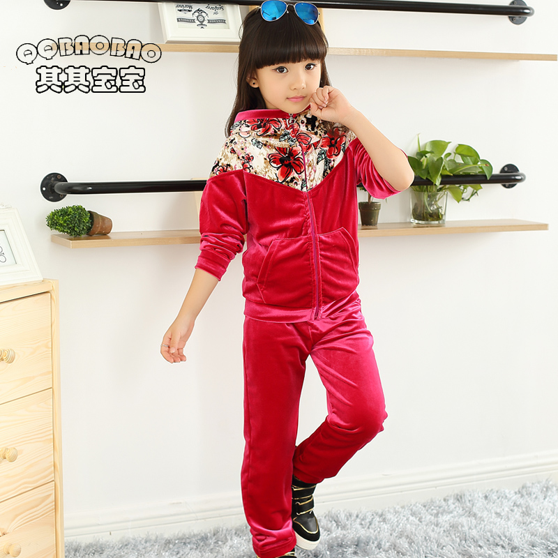 童装 女童套装2015新款秋装儿童韩国金丝绒碎花运动休闲套装潮