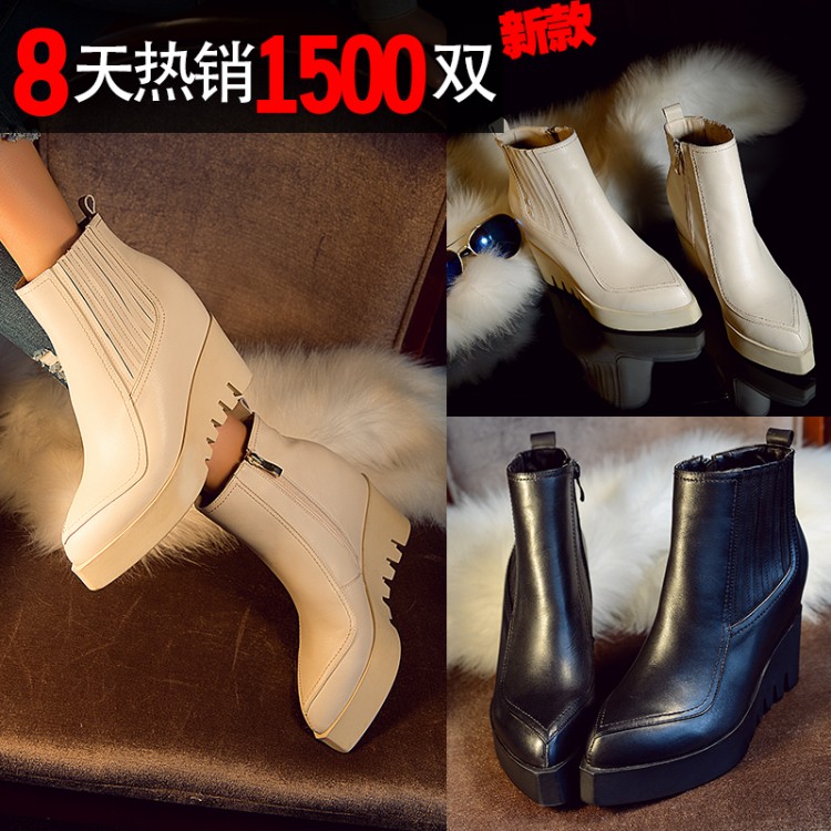 韩国新款2015秋冬真皮女式坡跟短靴尖头厚底马丁靴