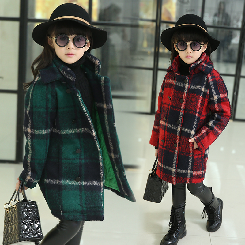 女童中长呢子大衣韩版外套H015新款中大童双层领保暖加厚加棉外套