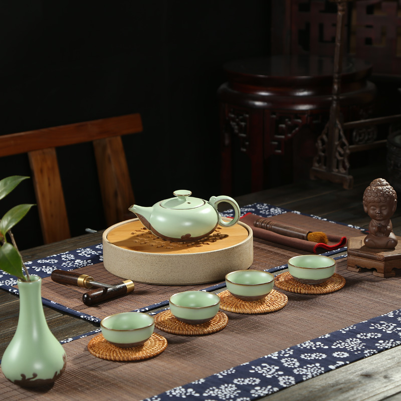 天祥谷竹制陶瓷茶盘茶具套装特价小号圆干泡茶台旅行居家日式功夫