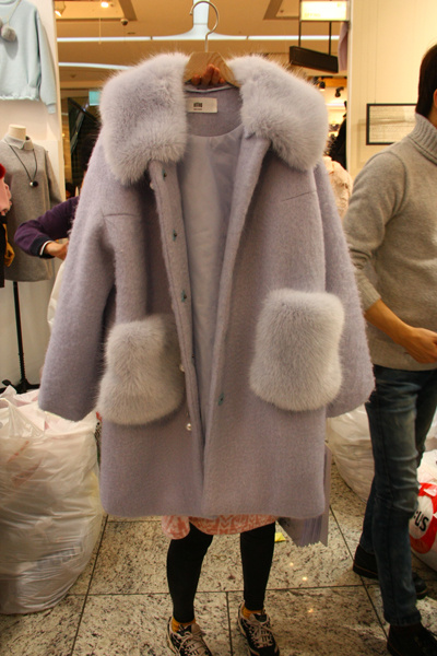 2015秋冬新款中长款羊毛呢大衣女毛毛口袋皮草拼接修身毛呢外套潮