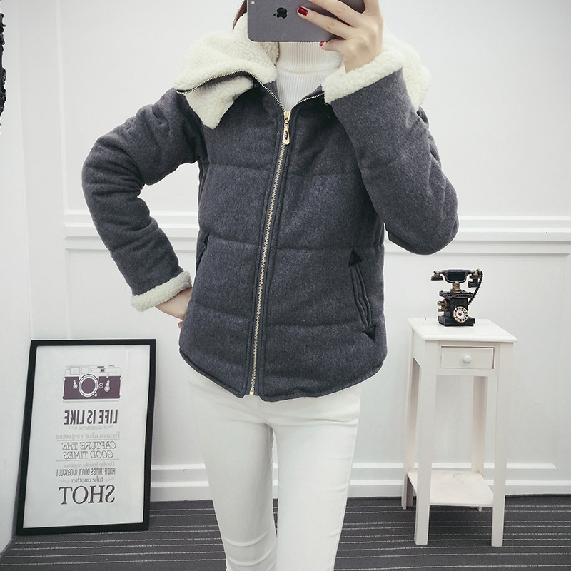 秋冬新款韩版时尚纯色双层领保暖羊毛长袖女短款毛呢外套