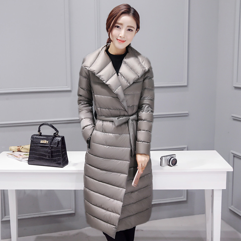 2016冬装新款女士韩版修身中长款系带时尚显瘦加厚保暖羽绒服外套