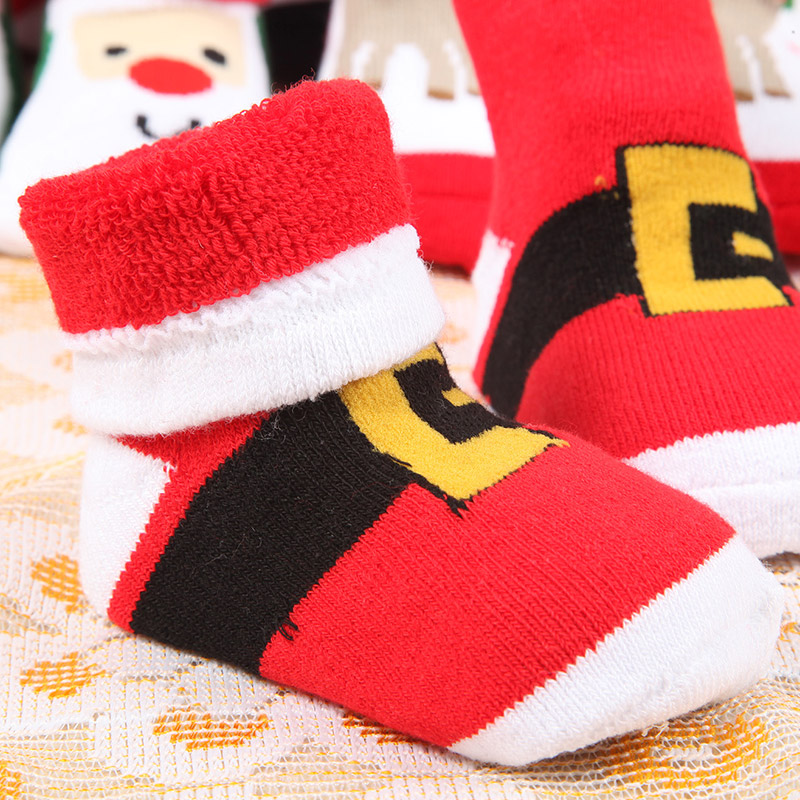 1-3岁圣诞节红纯色婴儿童男女宝宝袜子毛圈加厚秋冬款短幼儿