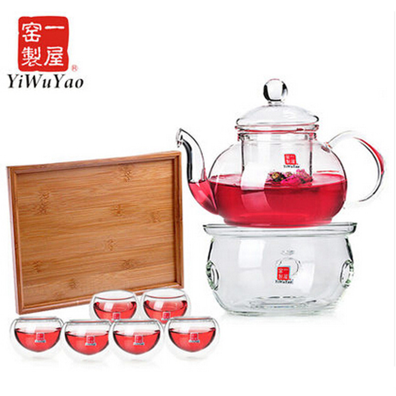 一屋窑耐热玻璃茶具花茶壶9件套装 玻璃内胆双层杯带茶盘送礼佳品