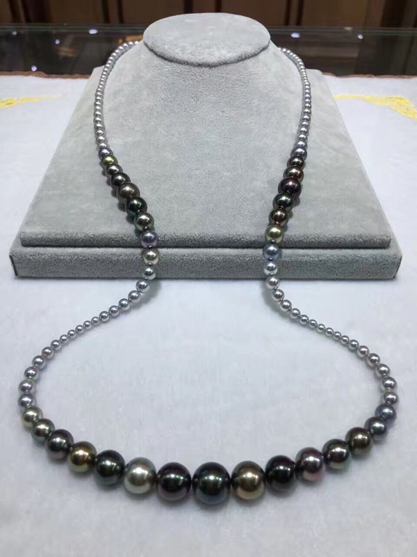大溪地黑珍珠项链3-12mm毛衣链+AKOYA海水珍珠混彩长款项链强光