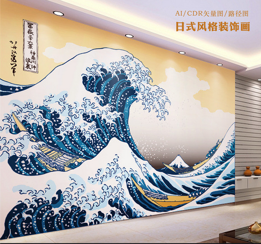 日式浮世绘寿司店冲浪里墙纸和风日本风俗壁纸古典大型壁画背景墙