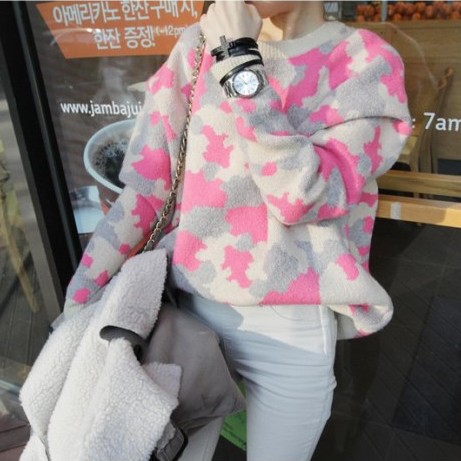 茜小猫 2014秋冬新款女装韩版羊毛迷彩画加厚宽松套头毛衣套衫女
