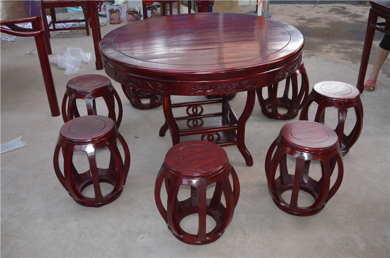 清明仿古榆木家具全实木圆桌圆鼓凳组合中式雕花餐桌饭桌促销