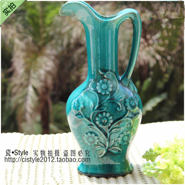 欧式复古冰裂陶瓷花瓶浮雕美式地中海家居创意工艺品摆件蓝色简约