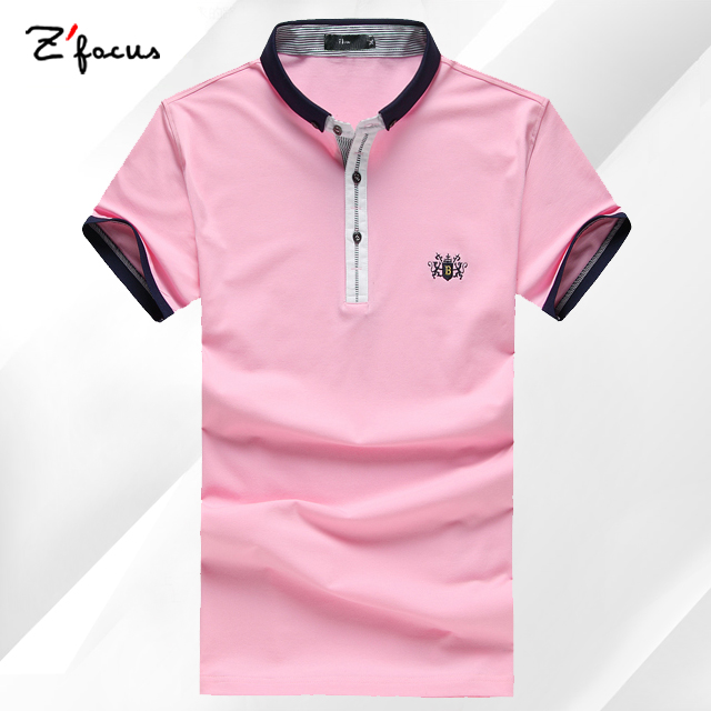 z'focus2015夏装新款立领粉色短袖T恤男修身透气纯色半袖体恤潮男