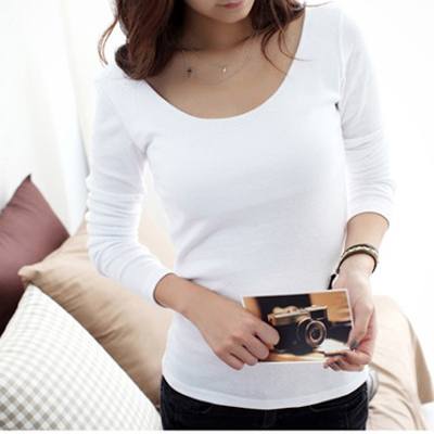 2015新款春装白色打底衫短款圆领修身韩版t恤长袖上衣潮女纯棉质