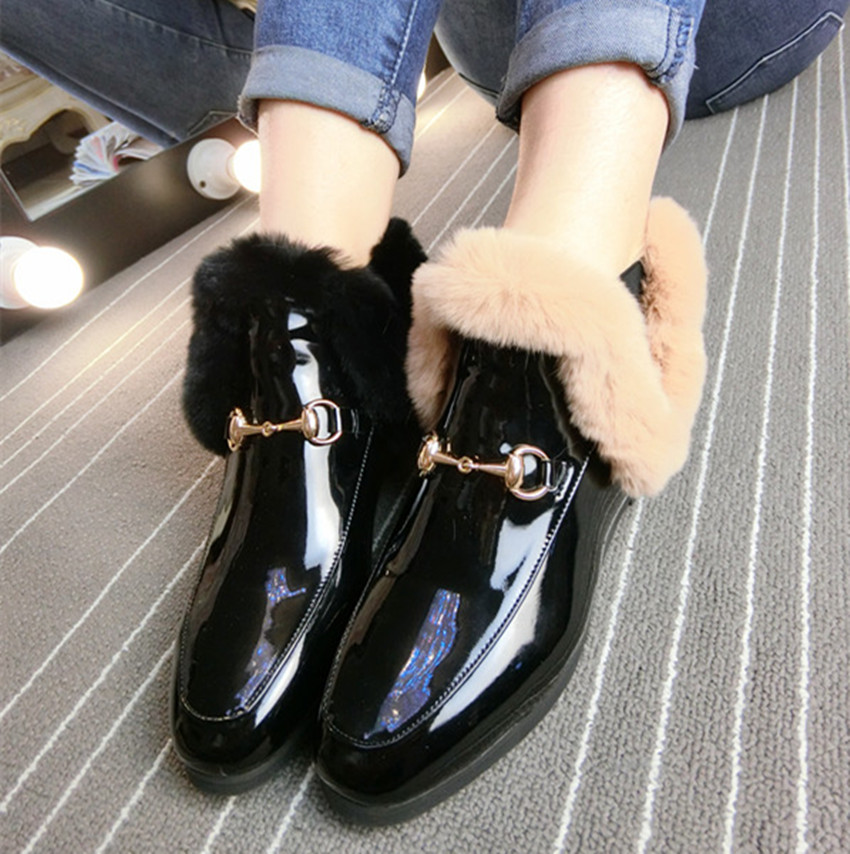 2015欧洲站新款冬季女靴鞋口纯兔毛高大上短靴马丁靴加绒漆皮女鞋