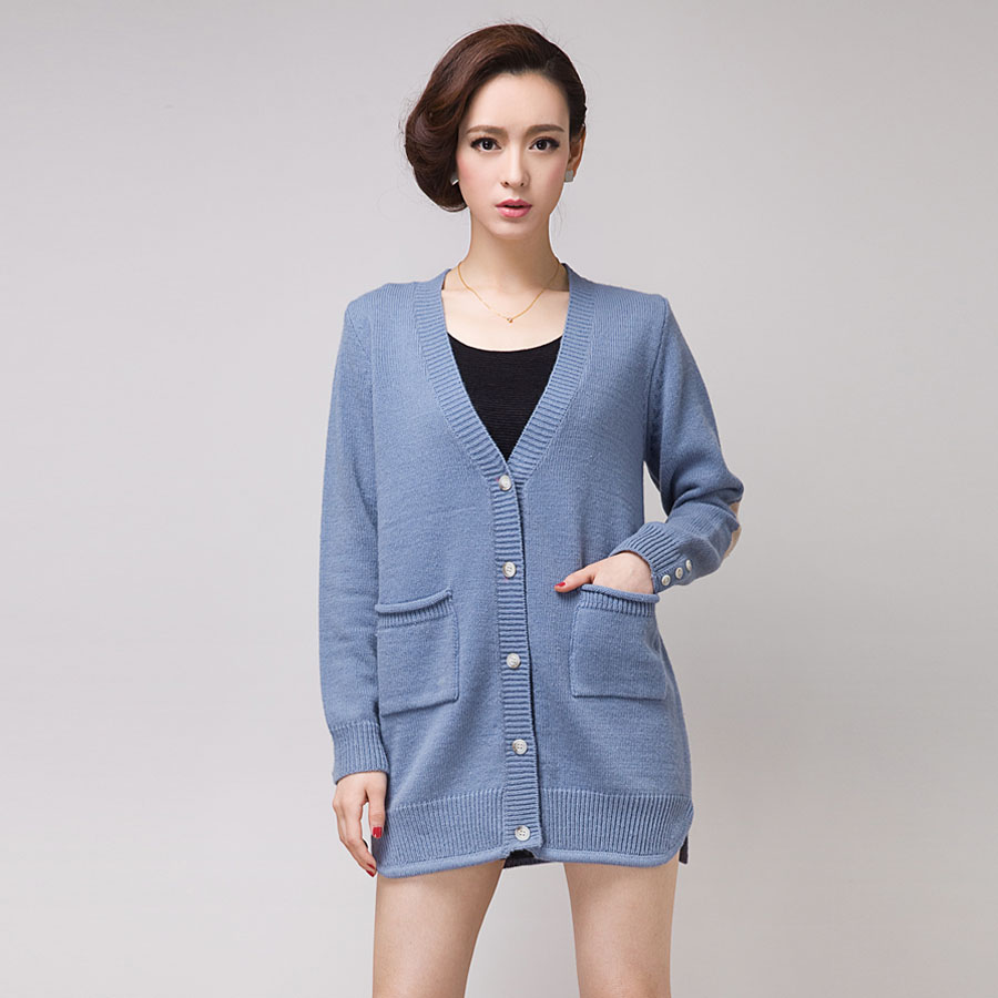 2015TT春新款韩版 显瘦长袖 V领开衫女长款 女毛衣拼色外套羊毛衫