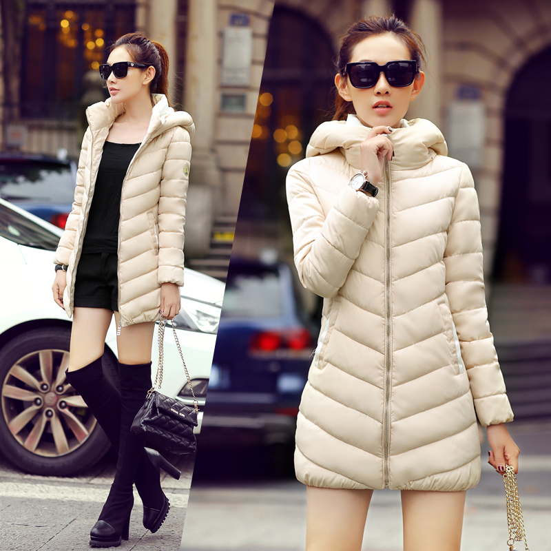 2015新款冬装羽绒棉服女中长款修身显瘦 韩版棉衣外套连帽包邮