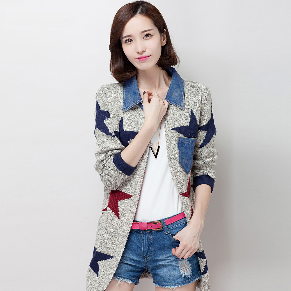 2015秋装新款韩版中长款毛衣外套 女 衬衫领针织开衫