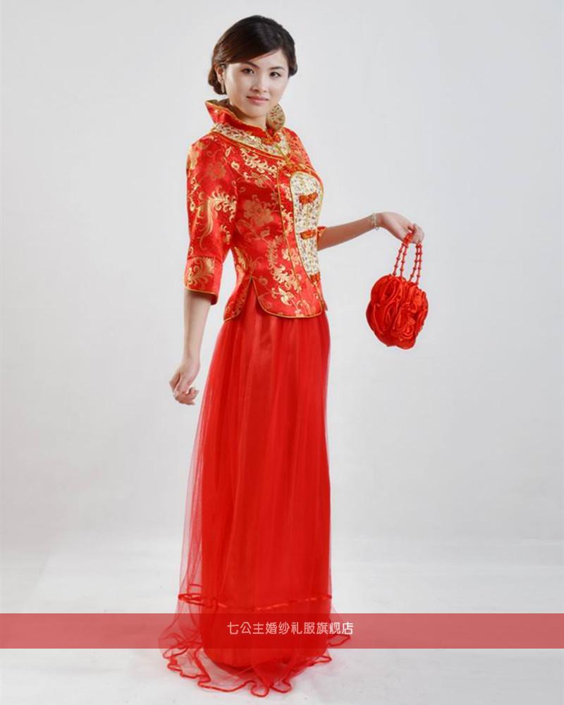 2015热销热销中国风新娘旗袍裙结婚套装 网纱立领中袖小凤仙