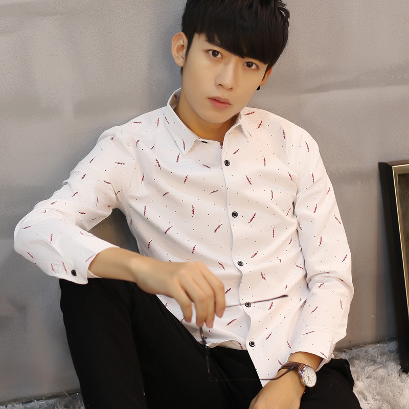 2016春季新款男士韩版修身日常长袖衬衫青少年碎花大码寸衫 潮
