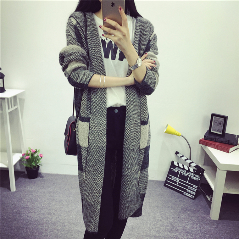 2015秋冬韩版新款时尚小清新格子中长款女装带帽开衫毛衣外套