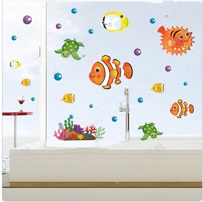彩色鱼群卫生间浴室玻璃门墙贴 瓷砖贴玻璃贴 墙贴画 海底鱼贴画