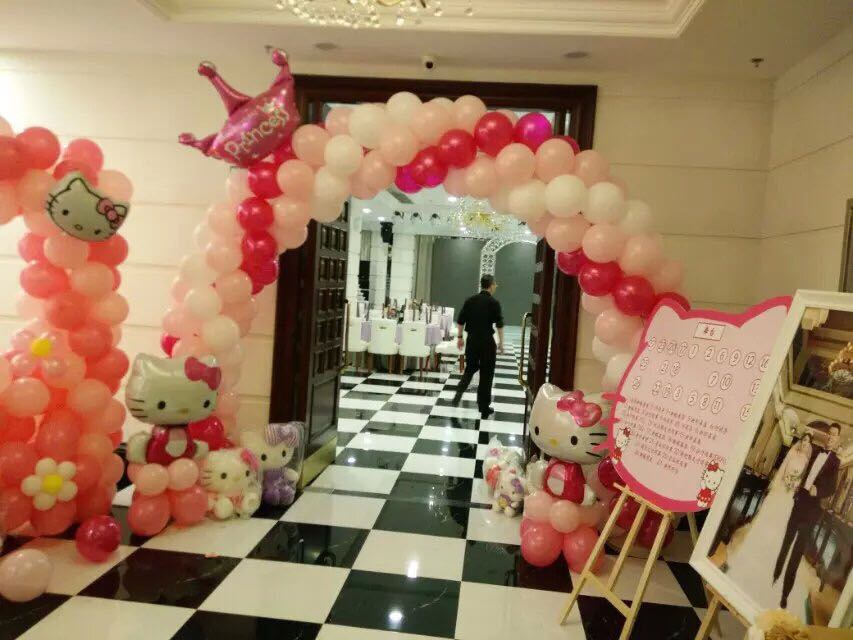 大连臻琪派对粉色KT猫主题气球拱门婚礼宝宝生日百天宴会拱门装饰