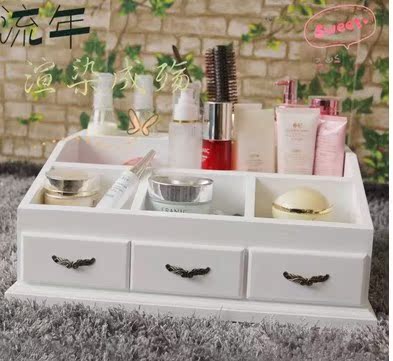 热卖韩国桌面摆件化妆品收纳盒 白色大号首饰盒木质抽屉收纳箱