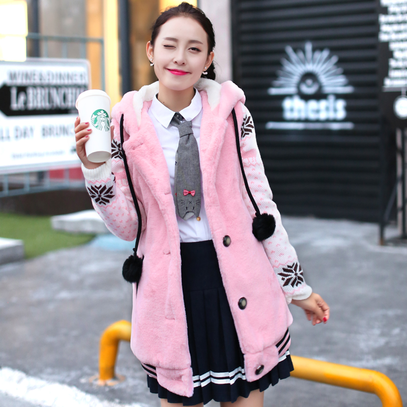 青少年少女冬装2015新款修身毛绒大衣韩版中学生加绒加厚棉衣外套