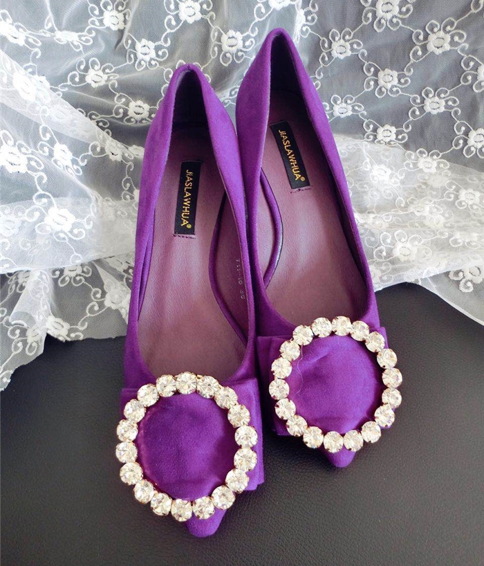 韩国单 紫色气质韩版婚宴鞋圆扣水钻蝴蝶结尖头破格性感中跟单鞋