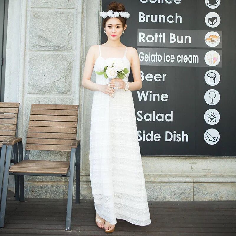 韩国沙滩裙长裙夏季海边蜜月度假裙子显瘦吊带性感低胸蕾丝连衣裙