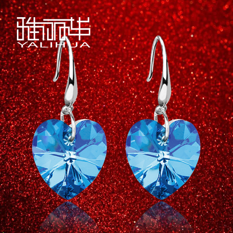 韩国银饰品 女式长款海洋之心 蓝水晶 925纯银耳环 礼物包邮 耳钉