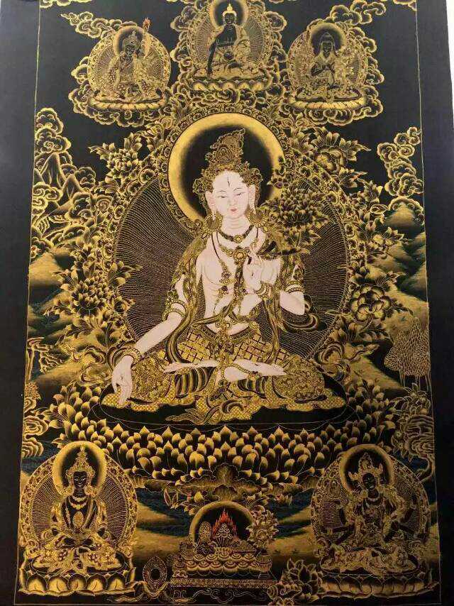 三颐堂喇嘛手绘彩天然染料白度母黑金唐卡装饰画