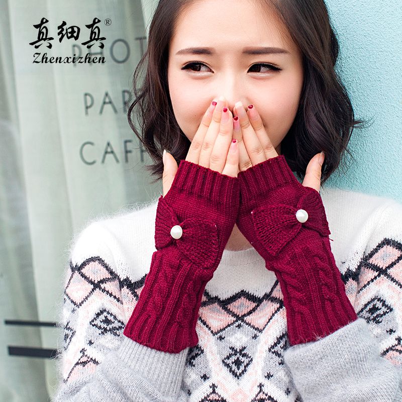 真细真 针织手套女秋冬季韩版潮时尚可爱半指毛线保暖棉露指学生
