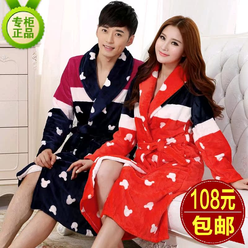 韩式情侣睡衣冬季长袖卡通加绒口袋毛绒 女式长袍可爱家居服长款