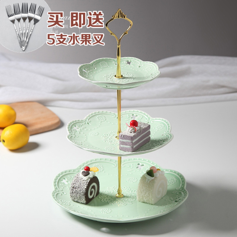 欧式陶瓷色釉双层水果盘创意点心盘三层盘蛋糕架简约下午茶干果盘