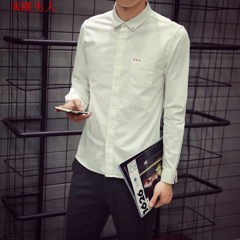 2016春款男士英伦修身方领长袖衬衫青少年韩版休闲衬衣牛津纺衬衫