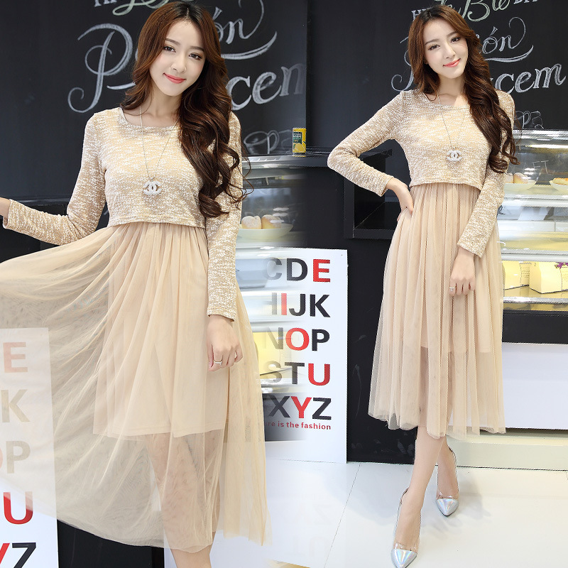 2015秋季新款韩版罩衫+网纱两件套长袖连衣裙气质修身长裙9505