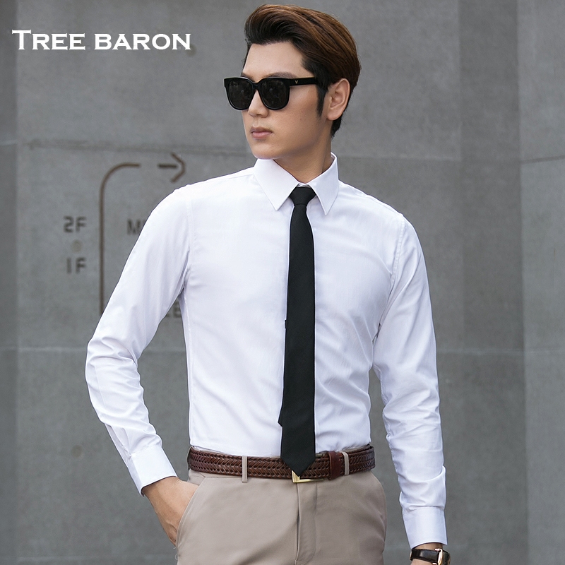 男士白衬衫长袖修身韩版免烫职业正装衬衣工装商务纯色寸衣伴郎服
