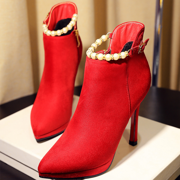 婚鞋女红色秋冬季新娘鞋细跟防水台高跟鞋珍珠水钻婚礼鞋靴子红鞋