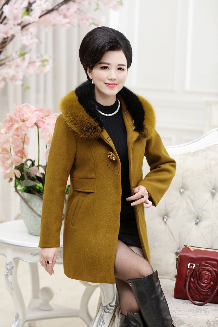 新款中老年女装秋装韩版时尚修身大毛领毛呢外套中长款呢子大衣