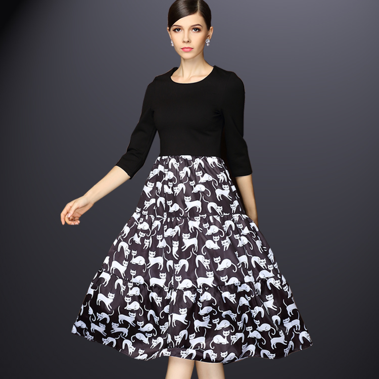2015春夏新款欧美女装 猫咪数码印花七分袖修身连衣裙