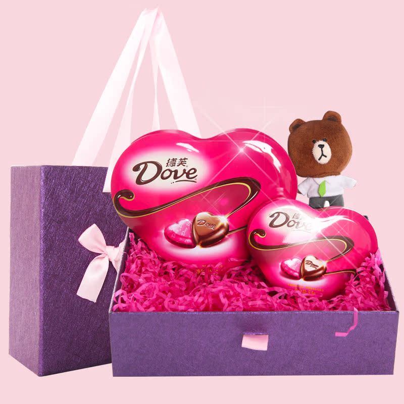德芙巧克力心语礼盒装情人节爱心形送女友布朗熊创意生日礼物